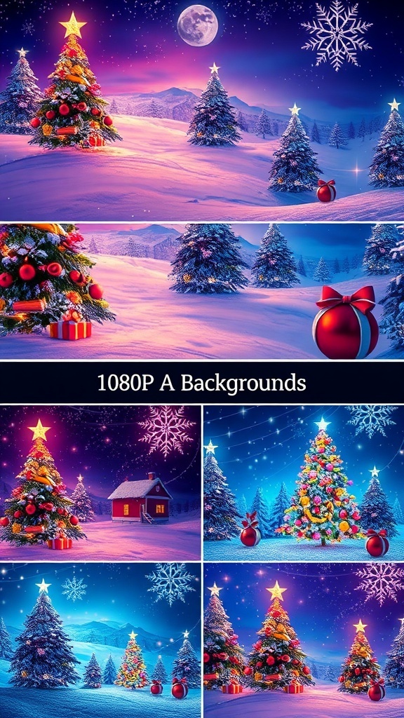 Christmas Background 1080p A variety of colorful 1080p Christmas backgrounds showcasing winter scenes, Christmas trees, and festive decorations.